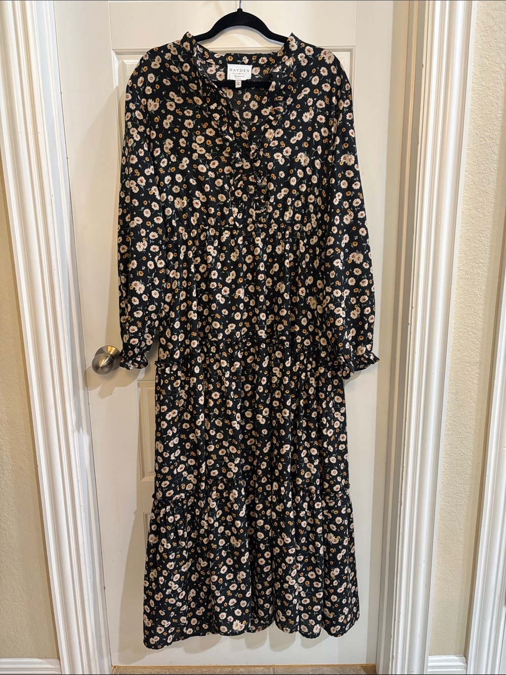 Hayden Black Floral Maxi Dress with Cream & Tan Blossoms Large